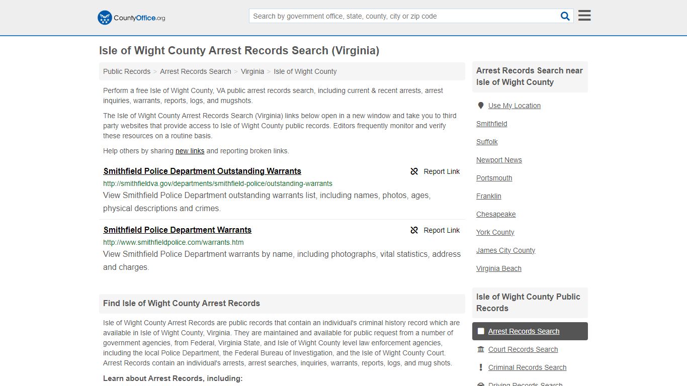 Isle of Wight County Arrest Records Search (Virginia) - County Office